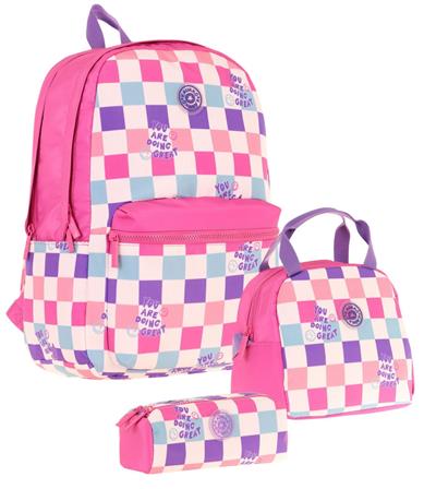 Kaukko Nature Üçlü Kız Çocuk Okul Çanta Seti - Pembe - Dama Desenli