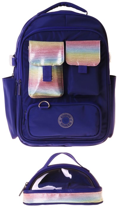 Kaukko Navy Blue Rainbow Kız Çocuk Lacivert - Çok Renkli Okul Sırt Çantası ve Kalem Çantası Seti - SETKK-K1863C