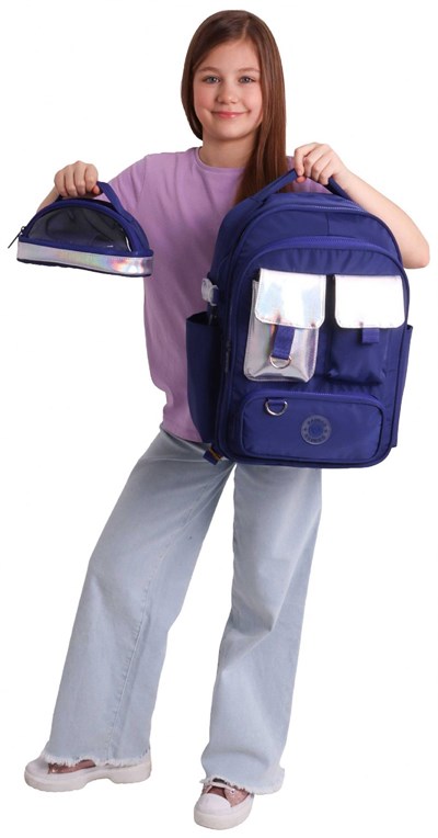 Kaukko Navy Blue Silver Kız Çocuk Lacivert - Gümüş Okul Sırt Çantası ve Kalem Çantası Seti - SETKK-K1861C