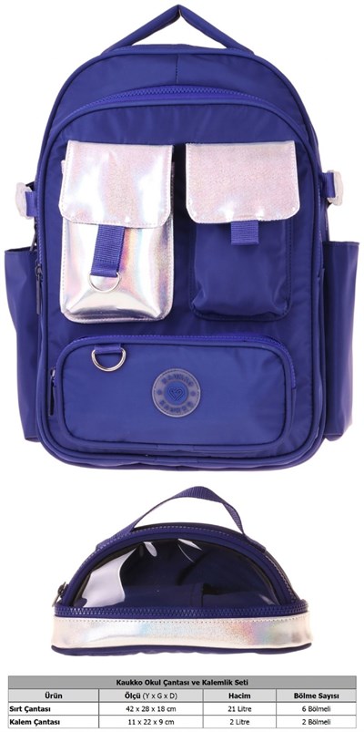 Kaukko Navy Blue Silver Kız Çocuk Lacivert - Gümüş Okul Sırt Çantası ve Kalem Çantası Seti - SETKK-K1861C