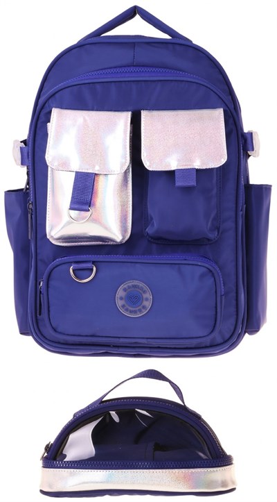 Kaukko Navy Blue Silver Kız Çocuk Lacivert - Gümüş Okul Sırt Çantası ve Kalem Çantası Seti - SETKK-K1861C