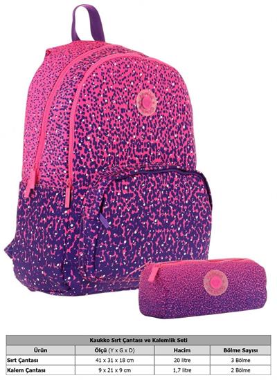 Kaukko Nokta Desenli Mor Kız Çocuk Okul Çantası ve Kalemlik Seti (KK - K1806+KK - K2717)