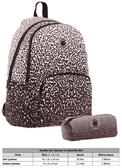 Kaukko Nokta Desenli Siyah Kız Çocuk Okul Çantası ve Kalemlik Seti (KK - K1804+KK - K2715)