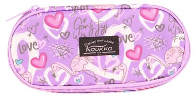 Kaukko Özel Bölmeli Organizer Kalemlik - Mor - Flamingo ve Kalp Desenli - Kız Çocuk - K2629