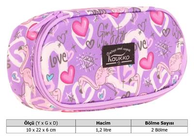 Kaukko Özel Bölmeli Organizer Kalemlik - Mor - Flamingo ve Kalp Desenli - Kız Çocuk - K2629