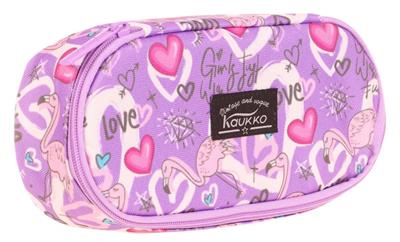 Kaukko Özel Bölmeli Organizer Kalemlik - Mor - Flamingo ve Kalp Desenli - Kız Çocuk - K2629