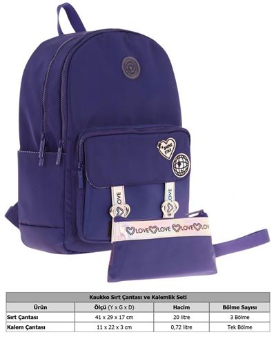 Kaukko Parlak Love Şeritli Lacivert Okul Çantası ve Cüzdan Tipi Kalemlik Seti (KK-K1843+KK-K2754)