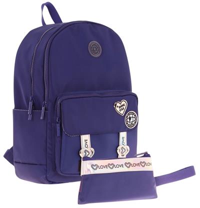 Kaukko Parlak Love Şeritli Lacivert Okul Çantası ve Cüzdan Tipi Kalemlik Seti (KK-K1843+KK-K2754)