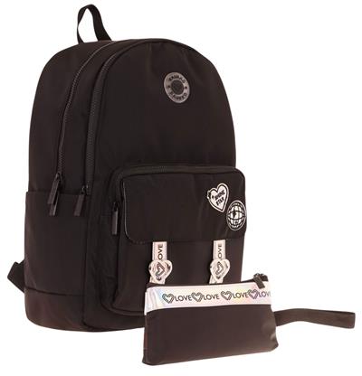 Kaukko Parlak Love Şeritli Siyah Okul Çantası ve Cüzdan Tipi Kalemlik Seti (KK-K1841+KK-K2752)