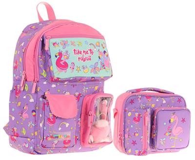 Kaukko Peluş Flamingolu Mor Pembe Kız ÇocukLar İçin Okul Çantası ve Beslenme Çantası Seti (L5240+L7240)