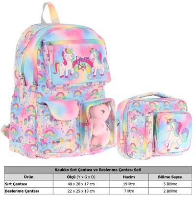 Kaukko Peluş Unicornlu Pembe Kız ÇocukLar İçin Okul Çantası ve Beslenme Çantası Seti (L5243+L7243)