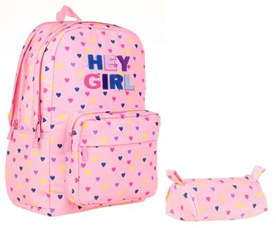Kaukko Pembe Kalp Hey Gir Okul Sırt Çantası ve Kalemlik Seti - Kız Çocuk