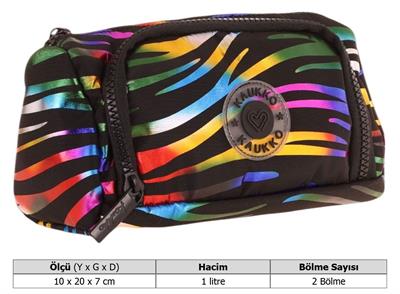 Kaukko Plump İki Bölmeli Siyah Çok Renkli Zebra Desenli Kız Çocuk Kalem Çantası/Kalemlik - K2691
