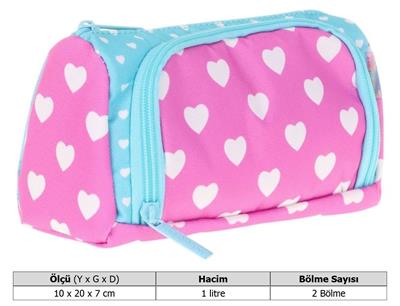 Kaukko Plump İki Bölmeli Turkuaz Pembe Kalp Desenli Kız Çocuk Kalem Çantası/Kalemlik - K2435