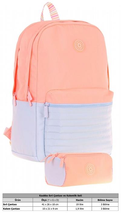 Kaukko Quick Kapitone Detaylı Somon Kız Çocuk Okul Çantası ve Kalemlik Okul Seti