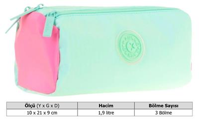 Kaukko Quick Üç Bölmeli Su Yeşili Pembe Kalem Çantası - Kız Çocuk - K2701