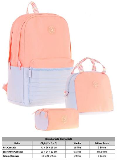 Kaukko Quick Üçlü Kız Çocuk Okul Çanta Seti - Somon - Kapitone Detaylı