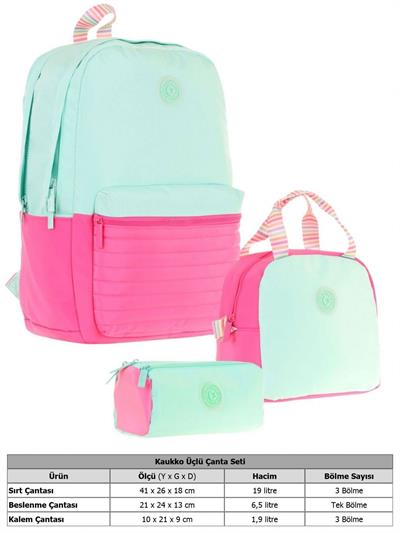 Kaukko Quick Üçlü Kız Çocuk Okul Çanta Seti - Yeşil Pembe - Kapitone Detaylı