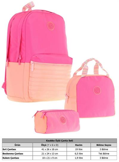 Kaukko Quick Üçlü Kız Çocuk Okul Çanta Seti - Pembe Turuncu - Kapitone Detaylı