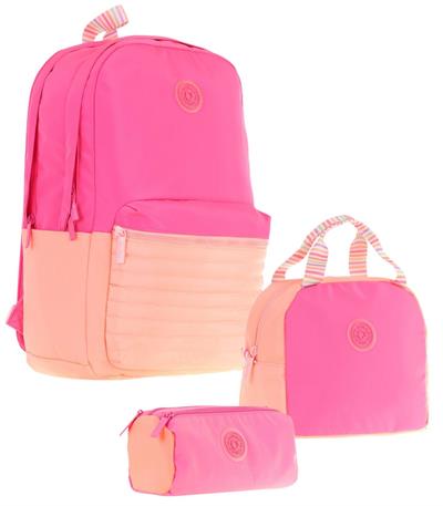 Kaukko Quick Üçlü Kız Çocuk Okul Çanta Seti - Pembe Turuncu - Kapitone Detaylı