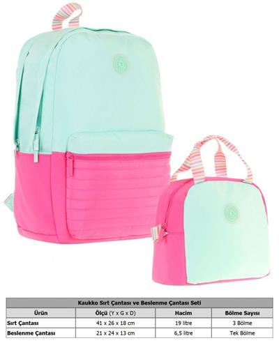 Kaukko Quick Yeşil Pembe Kapitone Detaylı Okul Çantası ve Isı Yalıtımlı Beslenme Seti - Kız Çocuk