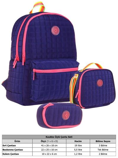 Kaukko Quilted Lacivert Pembe Kapitone Üçlü Okul Çantası Seti - Kız Çocuk