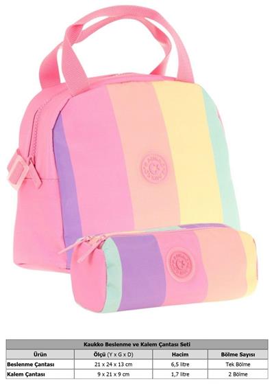 Kaukko Rainbow Beslenme Çantası + Kalemlik Seti Pembe Çok Renkli, Çizgili, Kız Çocuk