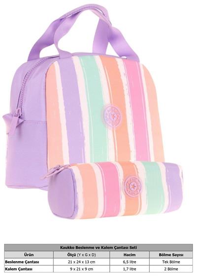 Kaukko Rainbow Beslenme Çantası + Kalemlik Seti Mor Çok Renkli, Çizgili, Kız Çocuk