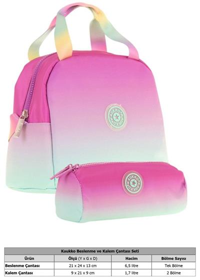 Kaukko Rainbow Beslenme Çantası + Kalemlik Seti Pembe Yeşil, Renk Geçişli, Kız Çocuk