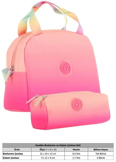 Kaukko Rainbow Beslenme Çantası + Kalemlik Seti Somon Pembe, Renk Geçişli, Kız Çocuk
