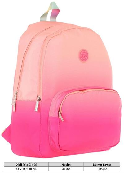 Kaukko Rainbow Kız Çocuk Üç Bölmeli İlkokul ve Ortaokul Çantası - Somon Pembe Renk Geçişli - K1800