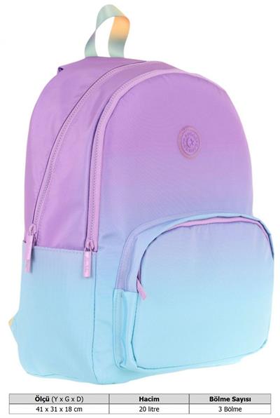 Kaukko Rainbow Kız Çocuk Üç Bölmeli İlkokul ve Ortaokul Çantası - Mor Turkuaz Renk Geçişli - K1799