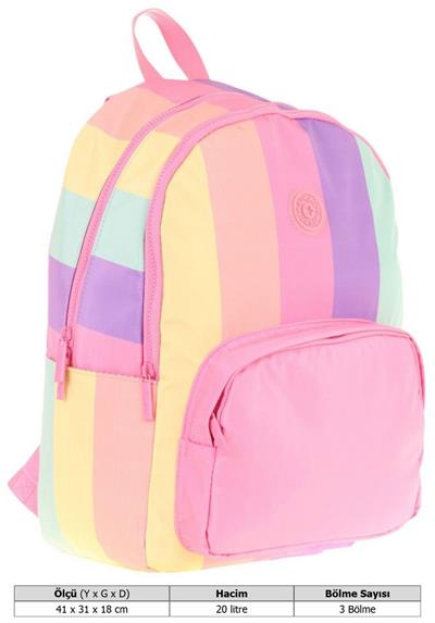 Kaukko Rainbow Kız Çocuk Üç Bölmeli İlkokul ve Ortaokul Çantası - Pembe Çok Renkli Çizgili - K1802
