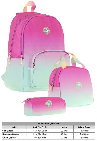 Kaukko Rainbow Pembe Yeşil Renk Geçişli Kız Çocuk Üçlü İlkokul ve Ortaokul Çanta Seti