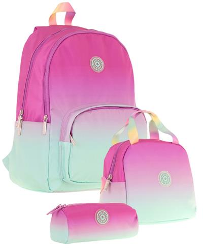Kaukko Rainbow Pembe Yeşil Renk Geçişli Kız Çocuk Üçlü İlkokul ve Ortaokul Çanta Seti