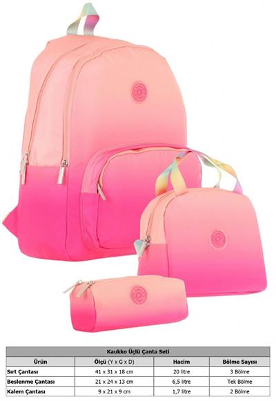 Kaukko Rainbow Somon Pembe Renk Geçişli Kız Çocuk Üçlü İlkokul ve Ortaokul Çanta Seti