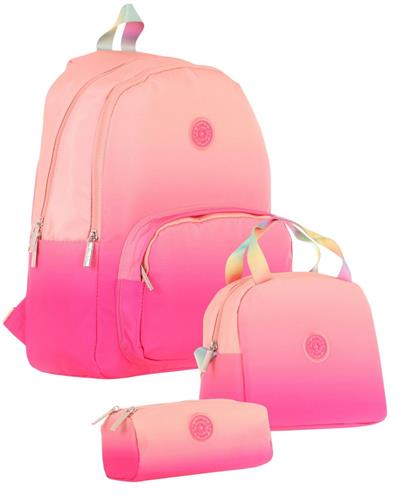 Kaukko Rainbow Somon Pembe Renk Geçişli Kız Çocuk Üçlü İlkokul ve Ortaokul Çanta Seti