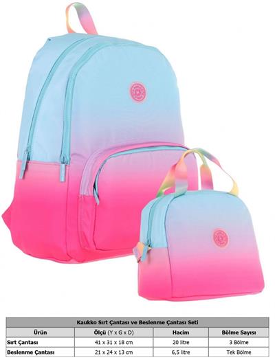 Kaukko Rainbow Üç Bölmeli İlkokul Çantası ve Beslenme Çantası Seti - Mavi Pembe Renk Geçişli