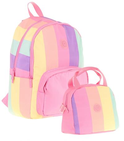 Kaukko Rainbow Üç Bölmeli İlkokul Çantası ve Beslenme Çantası Seti - Pembe Çok Renkli Çizgili