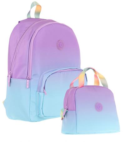 Kaukko Rainbow Üç Bölmeli İlkokul Çantası ve Beslenme Çantası Seti - Mor Turkuaz Renk Geçişli