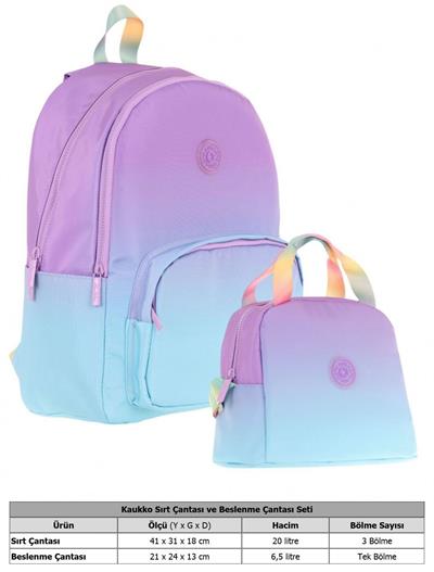 Kaukko Rainbow Üç Bölmeli İlkokul Çantası ve Beslenme Çantası Seti - Mor Turkuaz Renk Geçişli