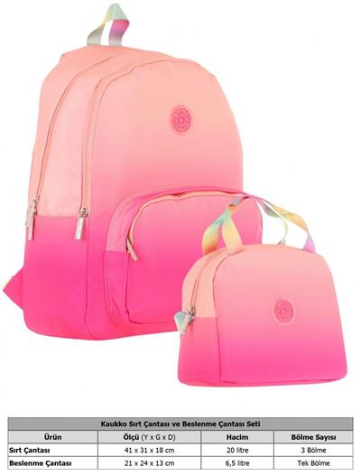 Kaukko Rainbow Üç Bölmeli İlkokul Çantası ve Beslenme Çantası Seti - Somon Pembe Renk Geçişli