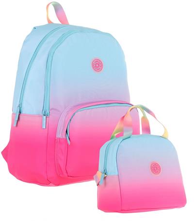 Kaukko Rainbow Üç Bölmeli İlkokul Çantası ve Beslenme Çantası Seti - Mavi Pembe Renk Geçişli