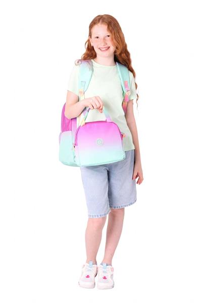 Kaukko Rainbow Üç Bölmeli İlkokul Çantası ve Beslenme Çantası Seti - Pembe Yeşil Renk Geçişli