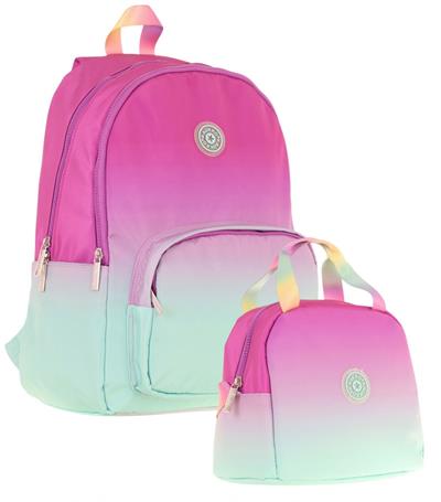 Kaukko Rainbow Üç Bölmeli İlkokul Çantası ve Beslenme Çantası Seti - Pembe Yeşil Renk Geçişli