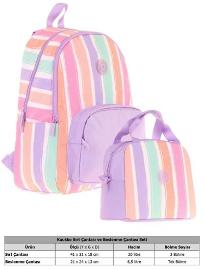 Kaukko Rainbow Üç Bölmeli İlkokul Çantası ve Beslenme Çantası Seti - Mor Çok Renkli Çizgili