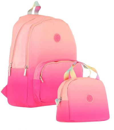 Kaukko Rainbow Üç Bölmeli İlkokul Çantası ve Beslenme Çantası Seti - Somon Pembe Renk Geçişli