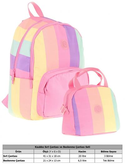 Kaukko Rainbow Üç Bölmeli İlkokul Çantası ve Beslenme Çantası Seti - Pembe Çok Renkli Çizgili
