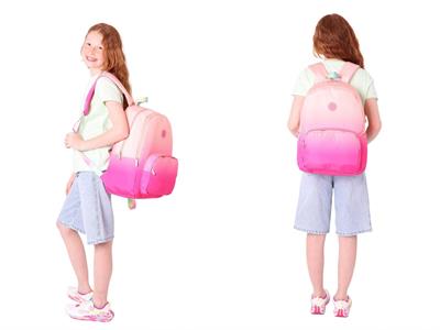 Kaukko Rainbow Üç Bölmeli İlkokul Çantası ve Beslenme Çantası Seti - Somon Pembe Renk Geçişli