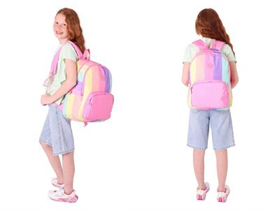 Kaukko Rainbow Üç Bölmeli İlkokul Çantası ve Beslenme Çantası Seti - Pembe Çok Renkli Çizgili